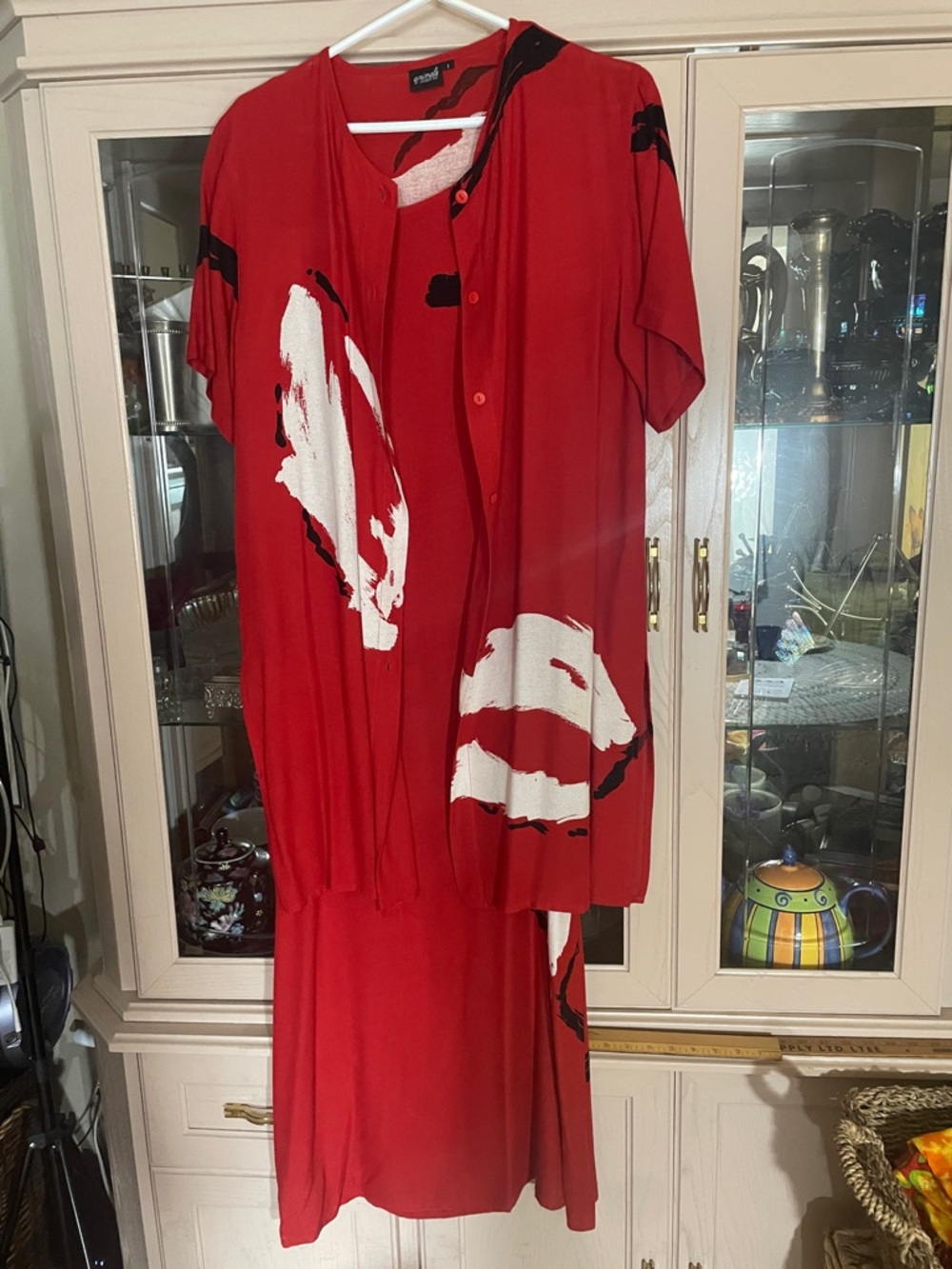 Red Abstract Print Maxi Dress with Button Front
